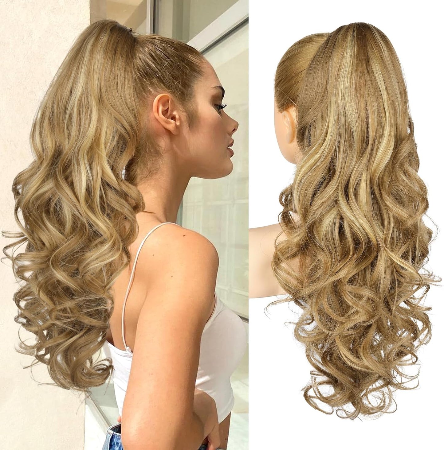 REECHO ponytail extension front view showing 24 inch long curly wavy synthetic hairpiece in highlighted blonde.