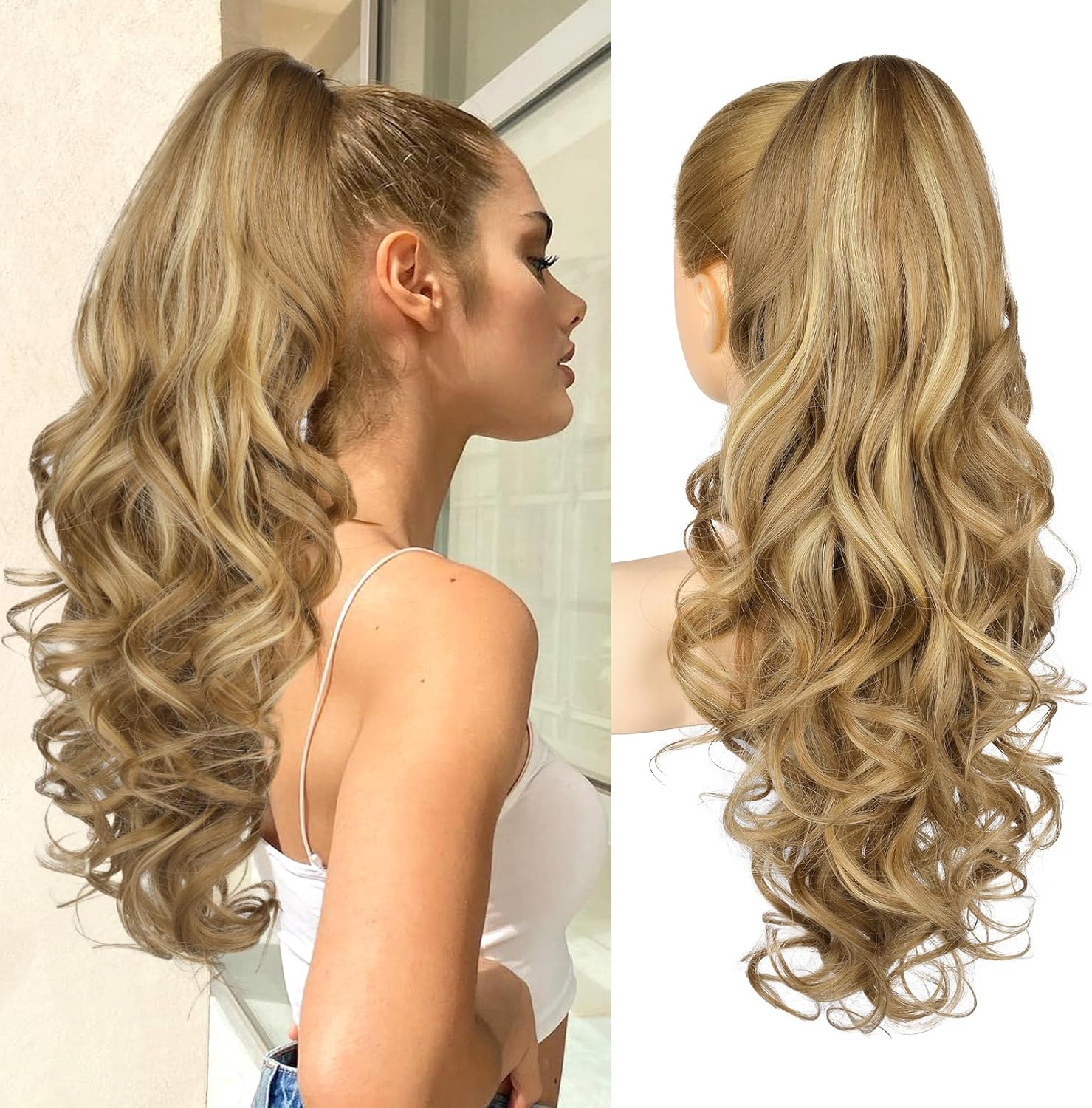 REECHO ponytail extension front view showing 24 inch long curly wavy synthetic hairpiece in highlighted blonde.