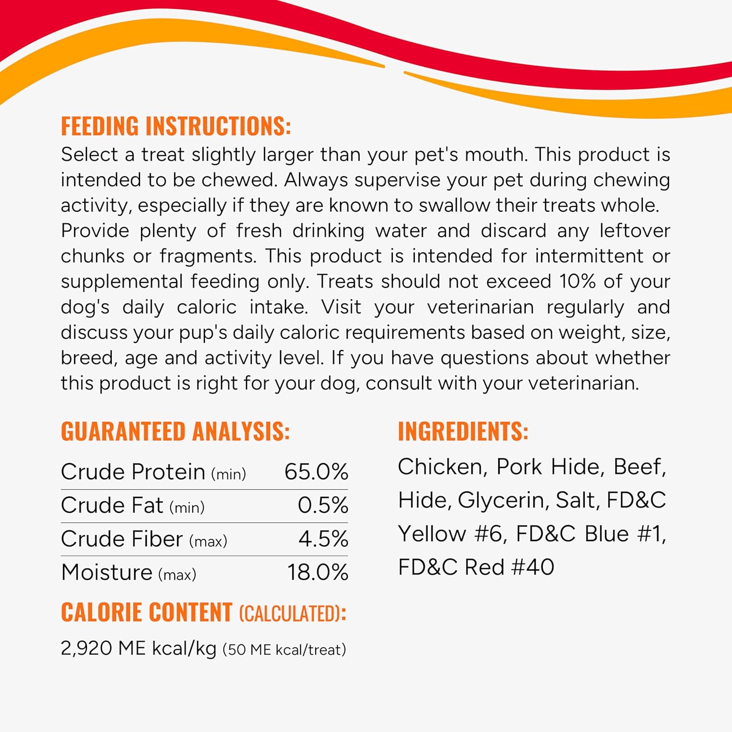 Good 'n' Fun long lasting dog treat ingredient and nutrition label