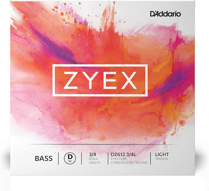 D'Addario Zyex double bass string set displaying four individual string sleeves