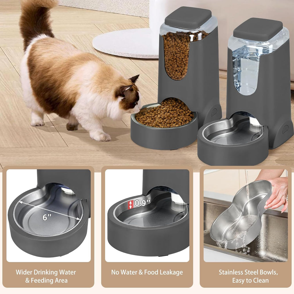 Side angle view of the dual pack WyfKyd gravity cat food feeder and water station.