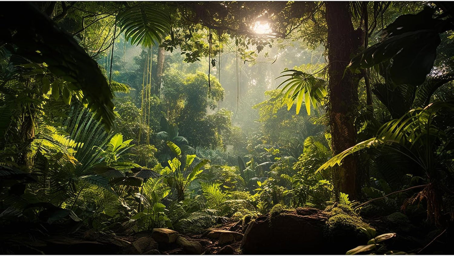 Avolander aquarium background cloth front view featuring a lush tropical rainforest design for fish tank decoration.
