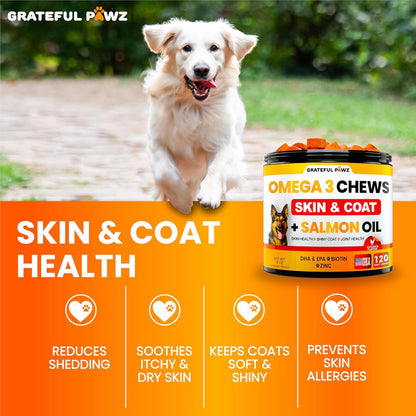 Grateful Pawz salmon oil soft chews 9 ounce container for canine skin and coat health.
