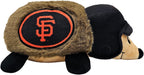 Close up of the embroidered Los Angeles Dodgers logo on the Pets First plush hedgehog toy.