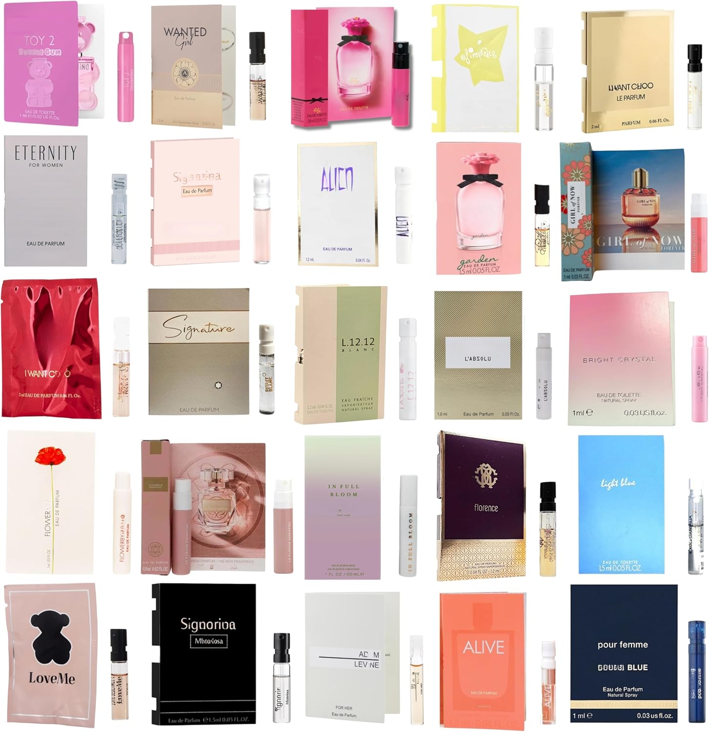 Infinite Scents Perfume Sampler Set For Women front view showcasing twelve diverse designer fragrance vials.