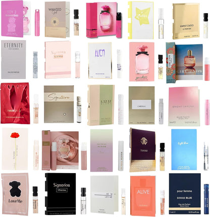 Infinite Scents Perfume Sampler Set For Women front view showcasing twelve diverse designer fragrance vials.