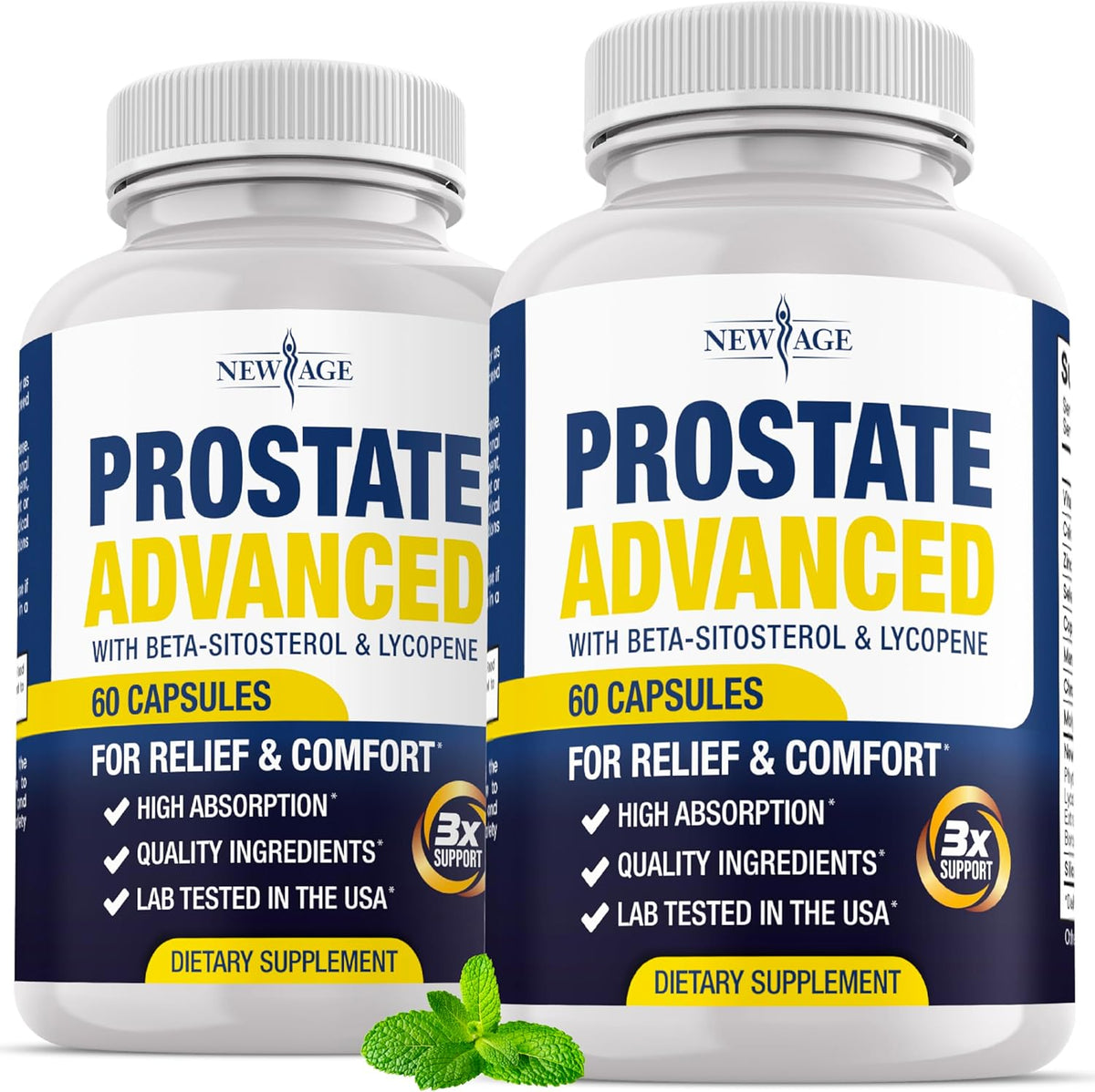 New Age Prostate Advanced Supplement front view bottle with commercial keywords.