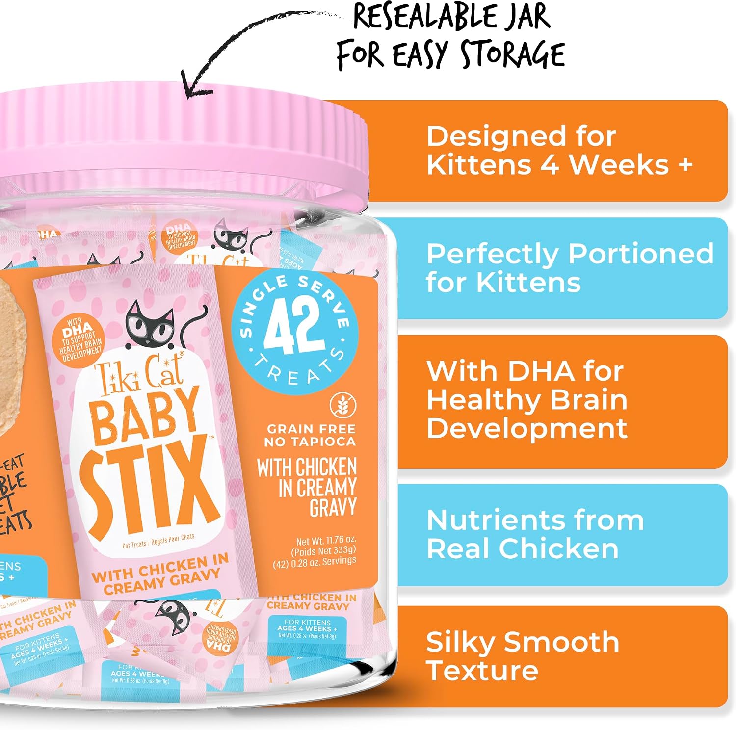 Tiki Cat Baby Stix packaging showing DHA benefit label