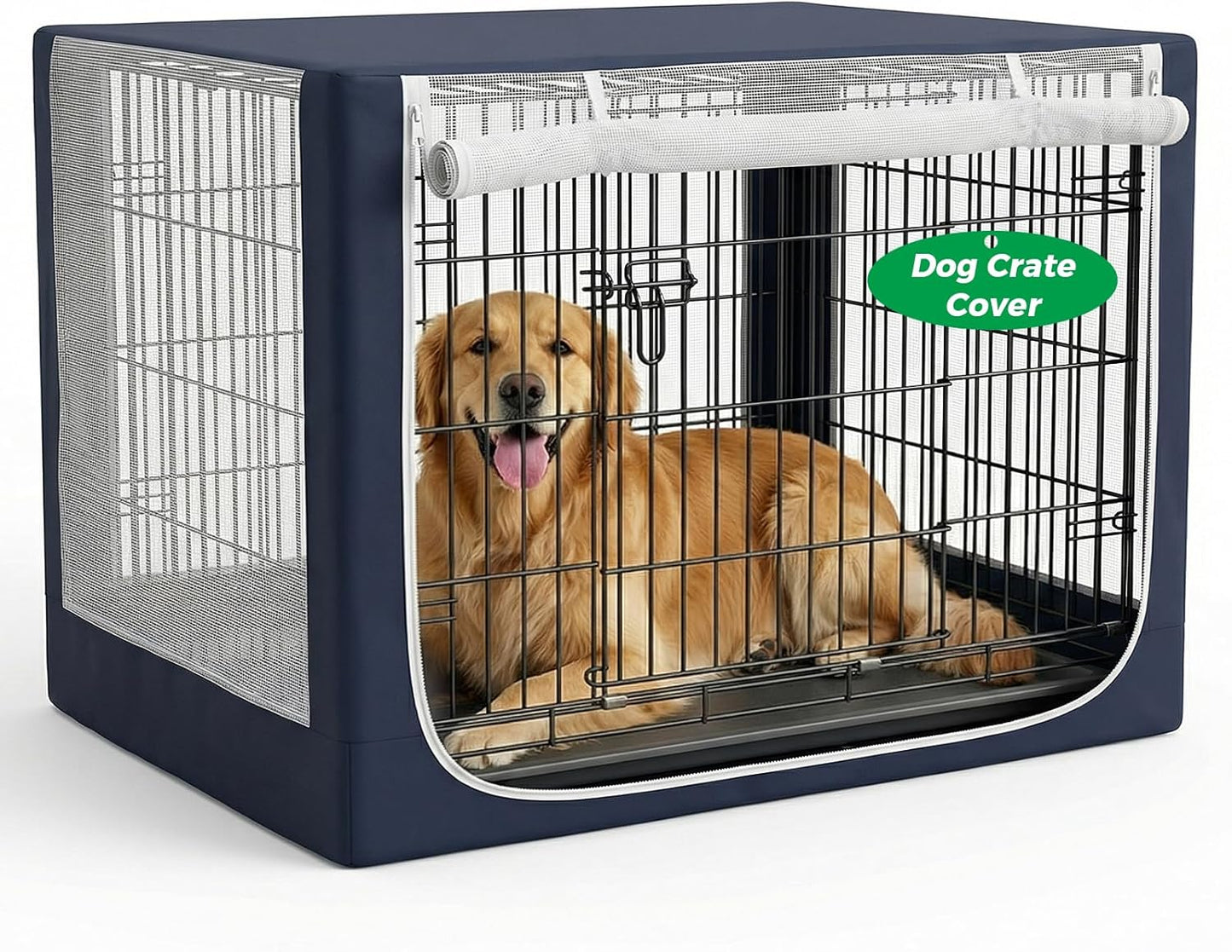 Incycall dog crate cover front view showing breathable mesh netting on wire kennel