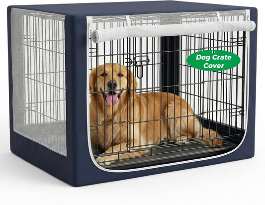 Incycall dog crate cover front view showing breathable mesh netting on wire kennel