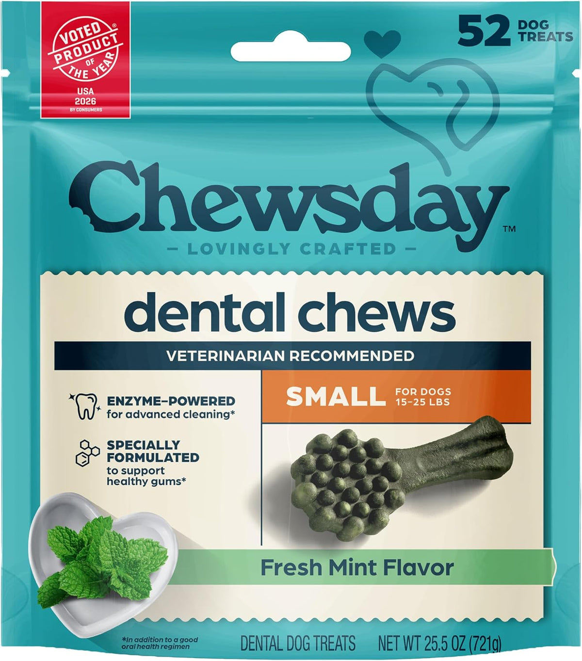 Chewsday Fresh Mint Flavor Dental Chews, Small Dog Treats, Healthier Teeth and Fresher Breath, Enzyme Powered for Advanced Cleaning, Made in the USA, 13 Count - Image 9