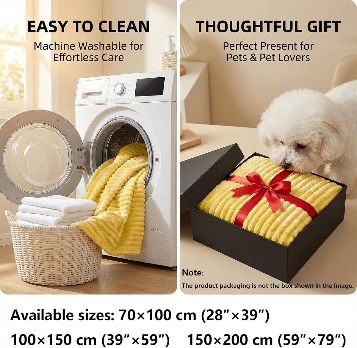 Small size yellow emotional support blanket neatly folded for travel and kennel use.