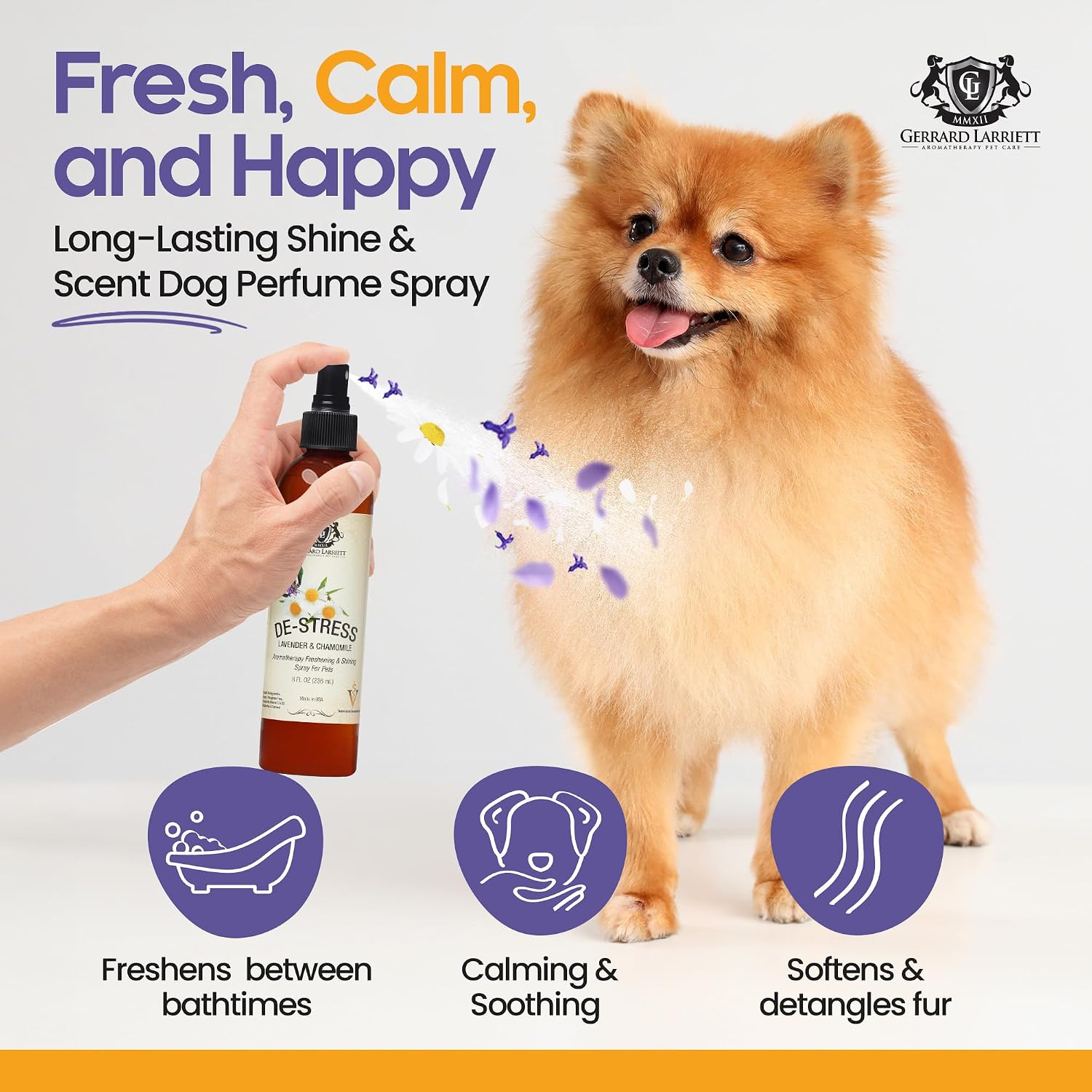 Gerrard Larriett aromatherapy calming pet deodorizer spray bottle close up