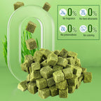Natural feline hairball control treats showing textured plant fiber composition