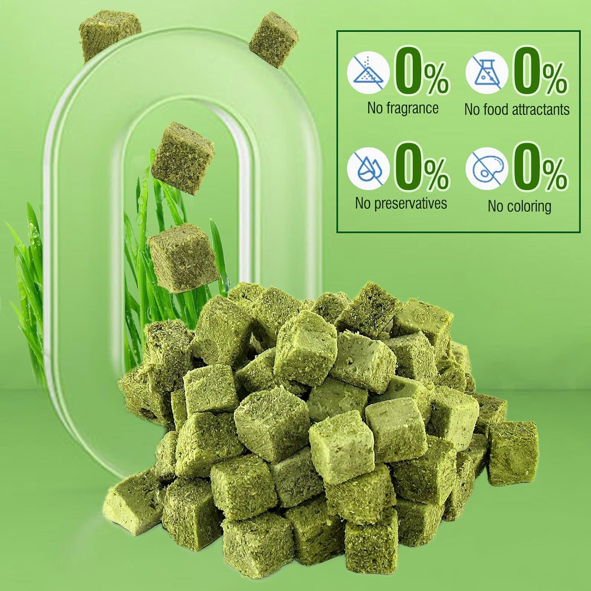 Natural feline hairball control treats showing textured plant fiber composition