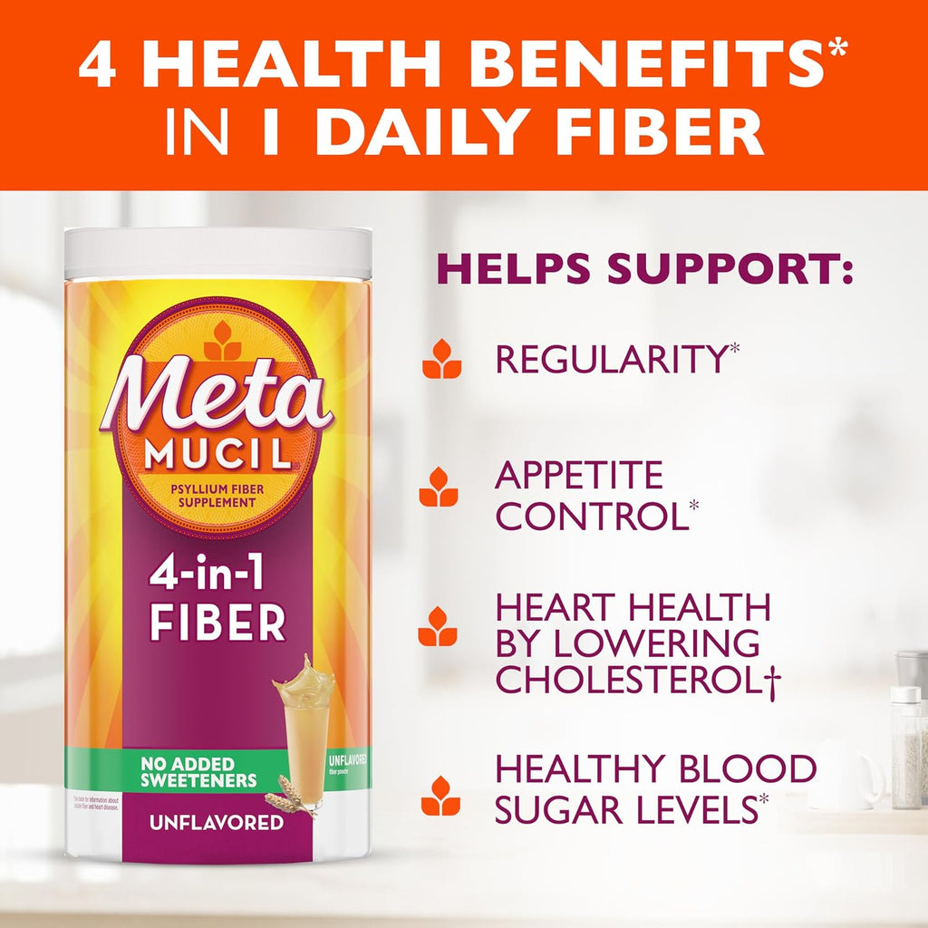Metamucil, Daily Psyllium Husk Powder Supplement, Sugar-Free Powder, 4-in-1 Fiber for Digestive Health, No Added Sweetener, 114 teaspoons - Image 2