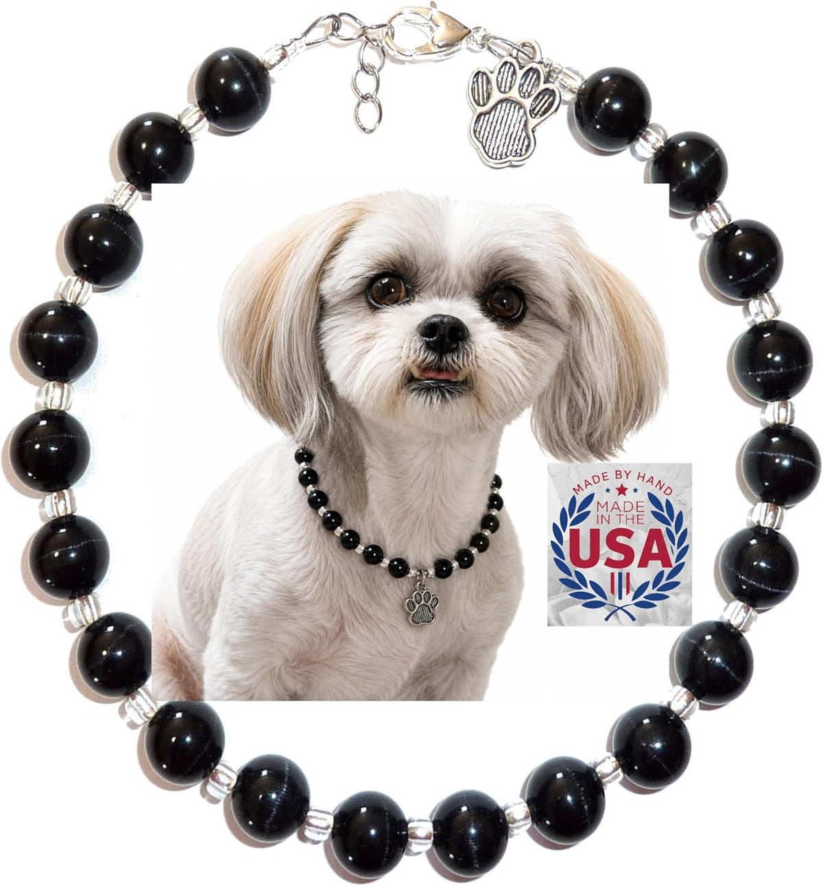 Hidden Hollow Beads pet collar necklace showing the detailed craftsmanship of the silver paw print charm