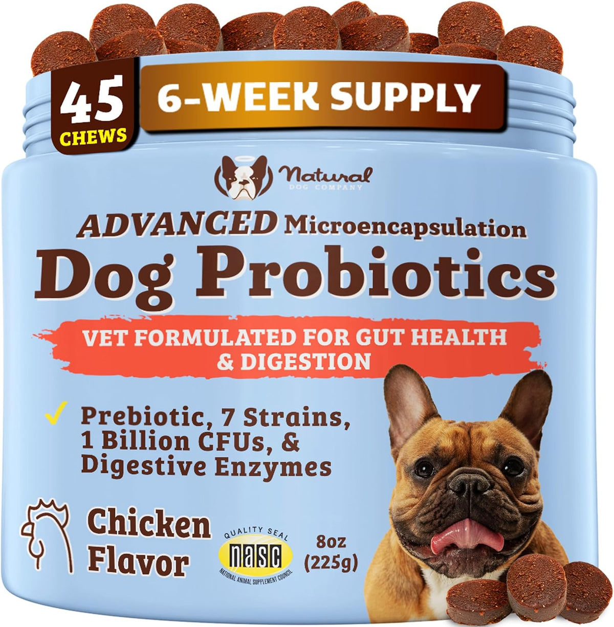 Natural Dog Company Probiotics for Dogs front view of premium pet supplement jar