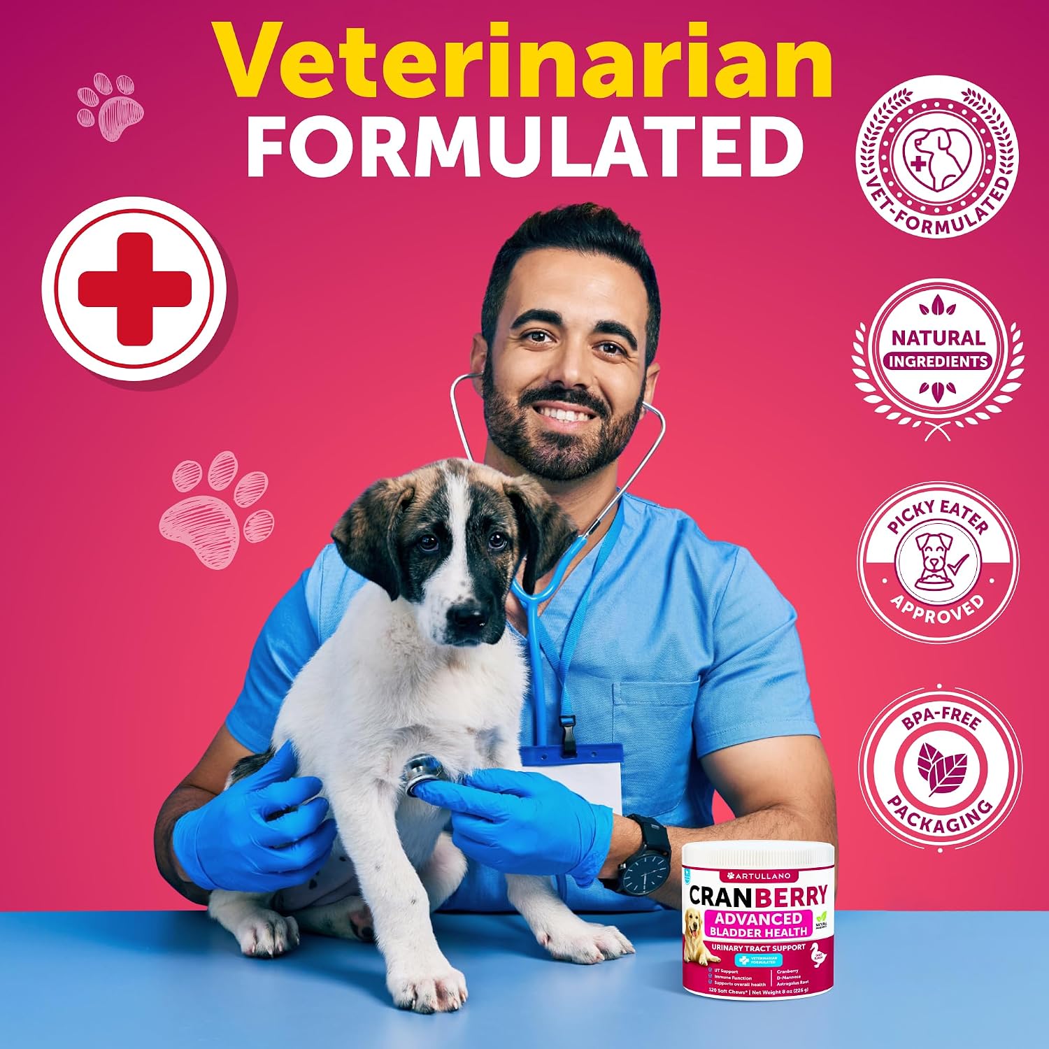 Artullano cranberry extract soft bites for canine urinary tract infection defense.