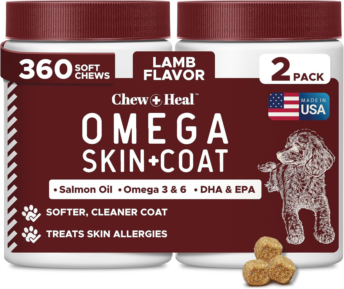 Omega 3 Fish Oil for Dogs - 180 Soft Chews for Itch Relief, Shedding & Hot Spots - Skin and Coat Supplement - Salmon Oil, EPA & DHA - Allergy Chews - Made in USA - Chew + Heal - Image 10