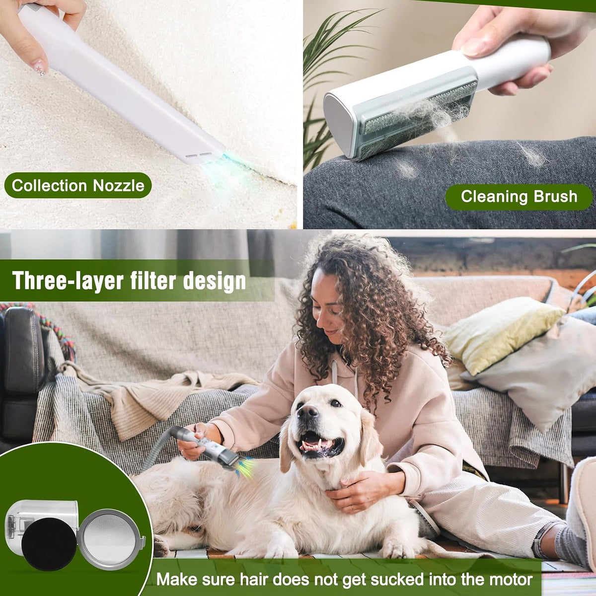 SISIGAD pet hair vacuum cleaner nozzle cleaning fur from a living room sofa