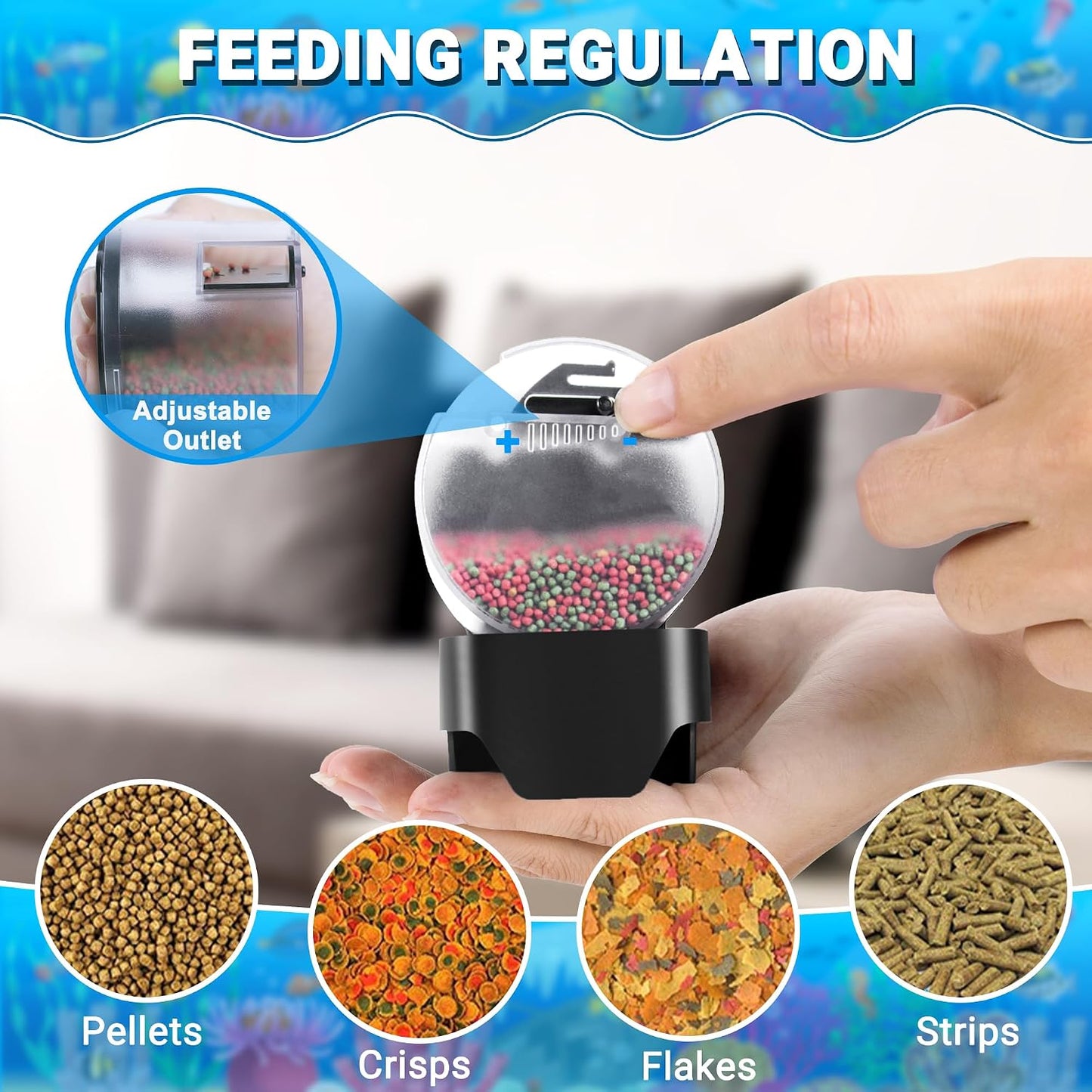 Ycozy electronic fish feeder utilizing the specialized anti spill funnel bracket mounted on an aquarium lid.