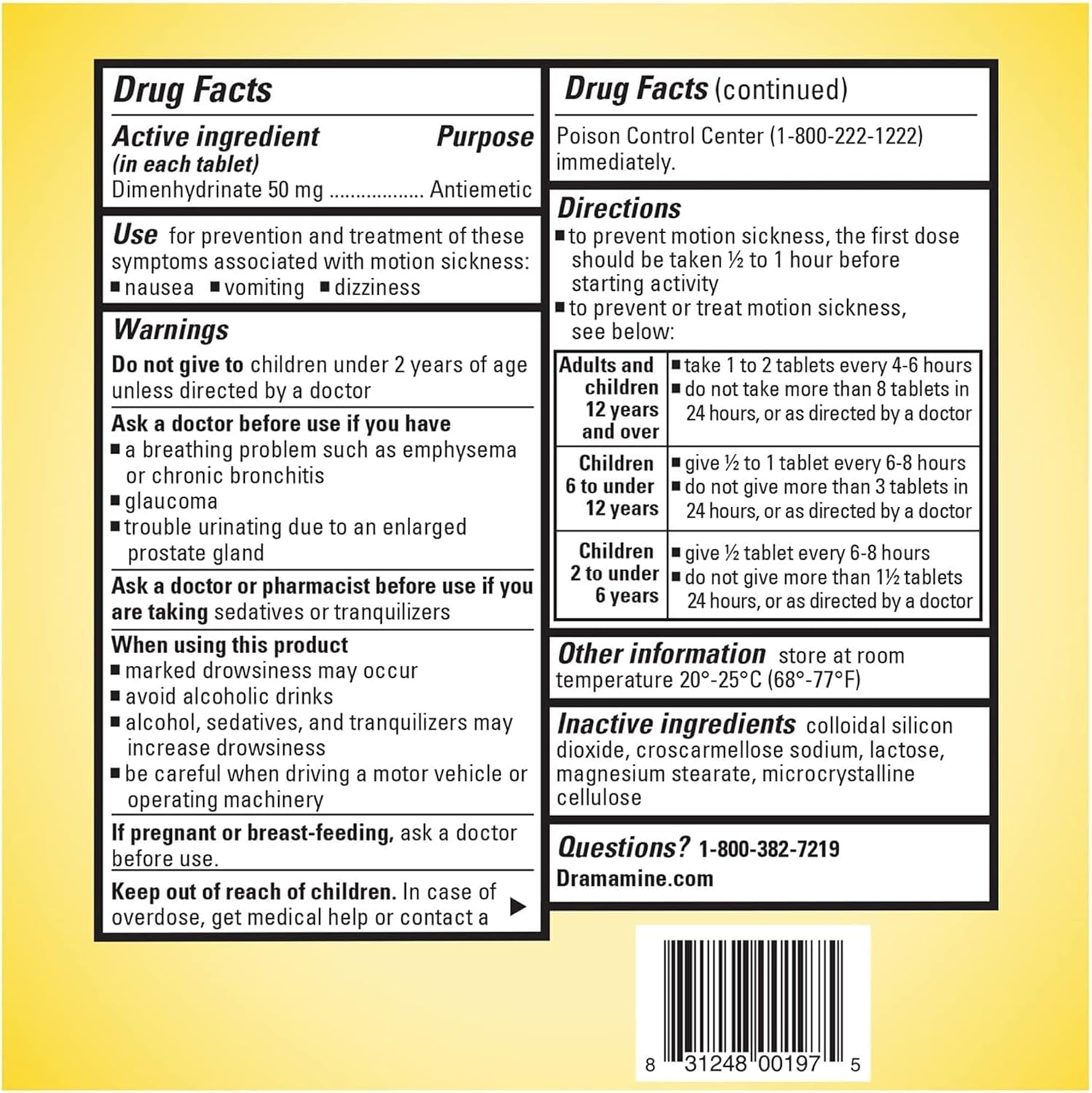 Dramamine fifty milligram motion sickness tablets packaging details and active ingredient label