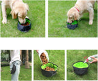 Folded flat view of YMETECH portable nylon pet bowls demonstrating compact space saving design