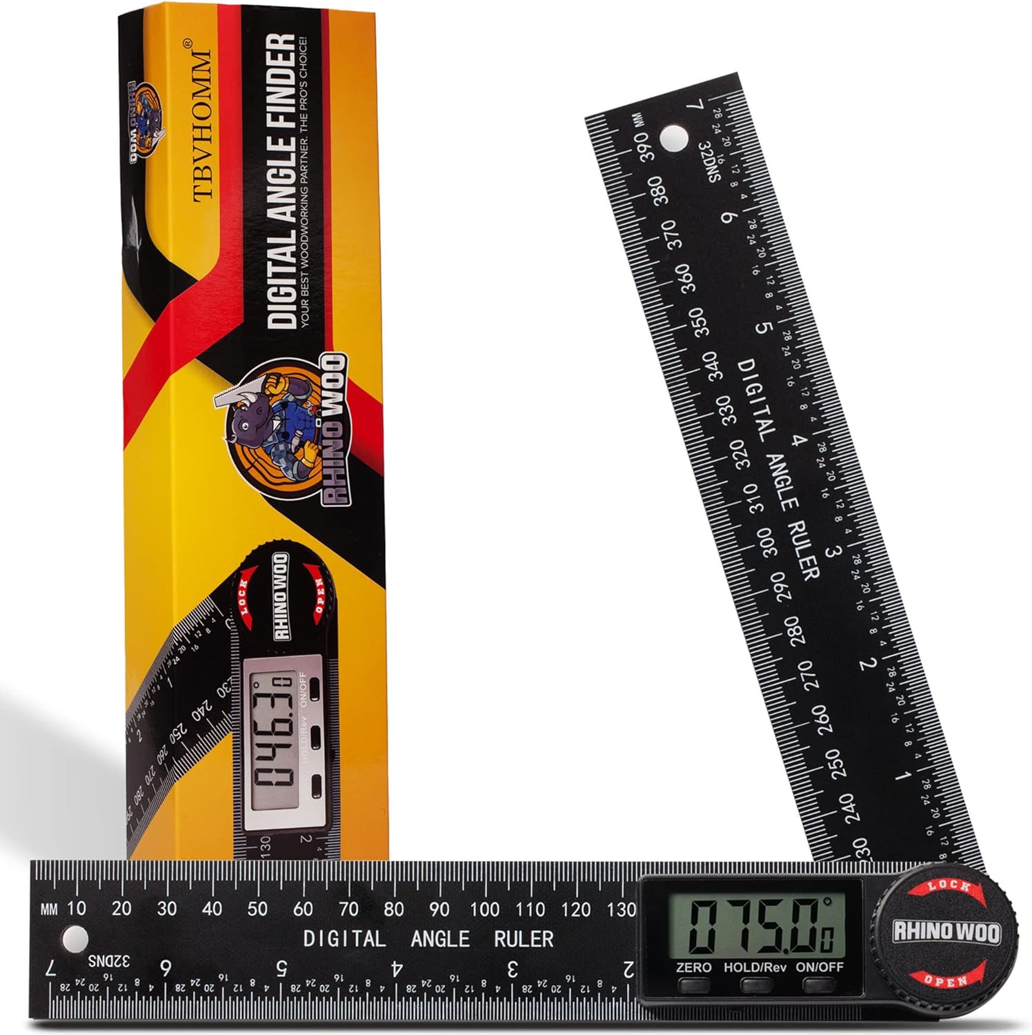 TBVHOMM digital angle finder protractor front view showcasing the large LCD display screen