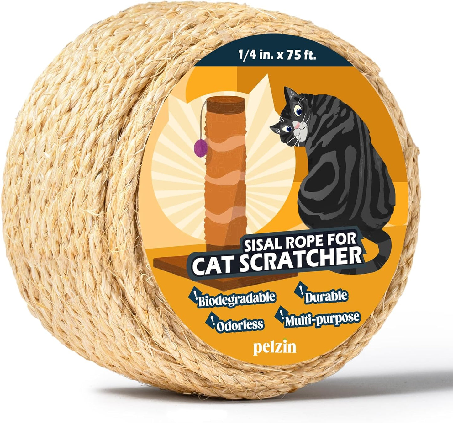 Pelzin Natural Sisal Rope for Cat Scratcher - 1/4 Inch by 50 Feet, Cat Tree Rope Twine for Scratching Post Replacement, Repairing, Recovering and DIY, White - Image 9