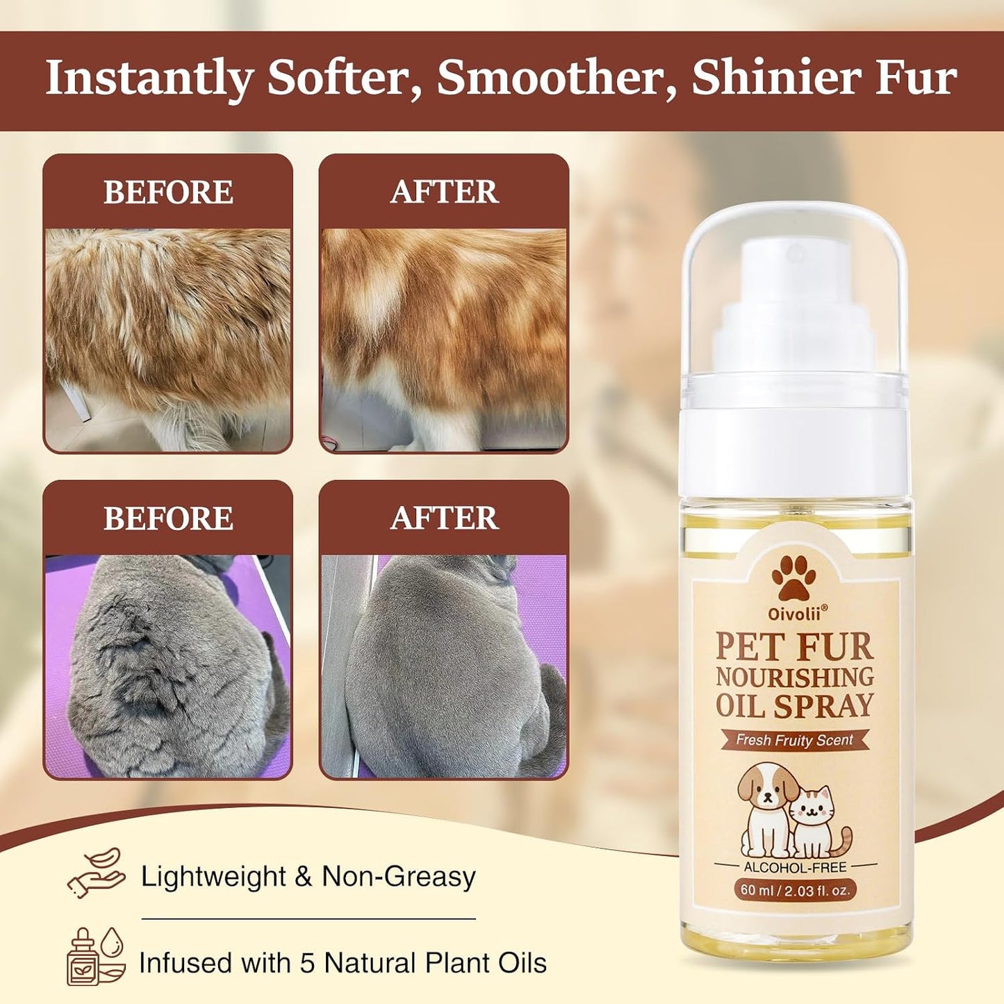 Oivolii leave-in pet detangler spray showing natural coconut and jojoba oil ingredients.