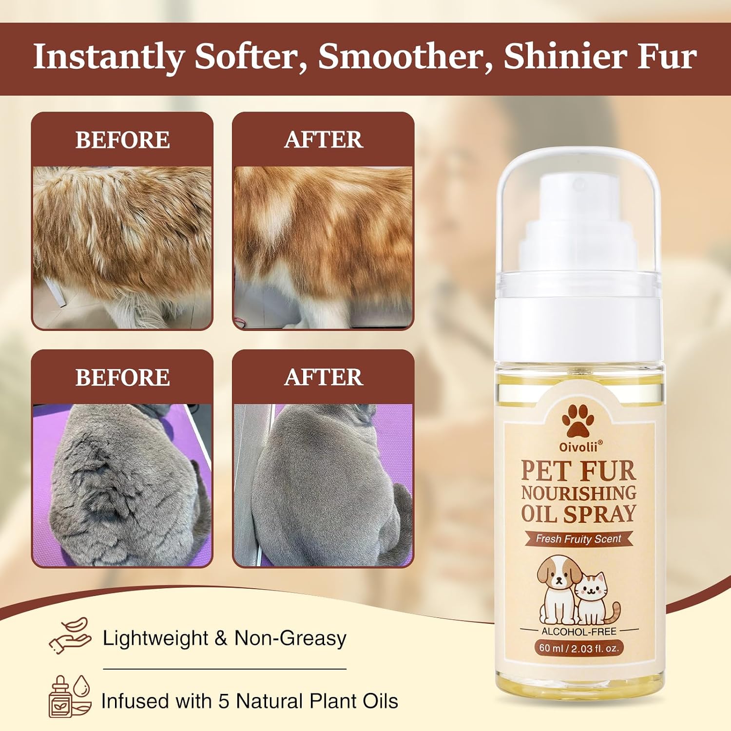Oivolii leave-in pet detangler spray showing natural coconut and jojoba oil ingredients.