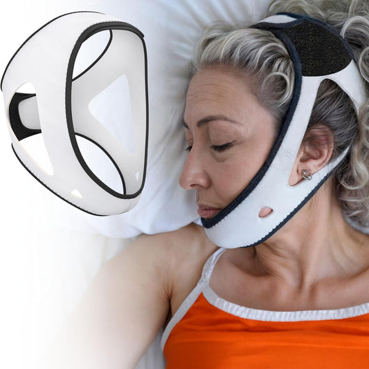 PrimeSiesta Anti Snoring Chin Strap front view on a sleeping person.