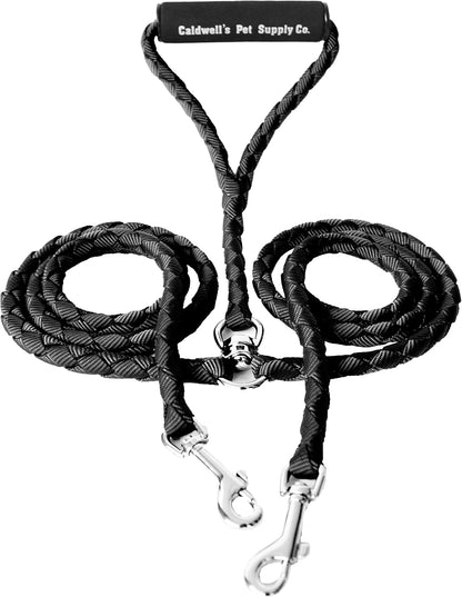 Caldwell's Pet Supply Co. Dual Dog Leash front view featuring black braided nylon design.