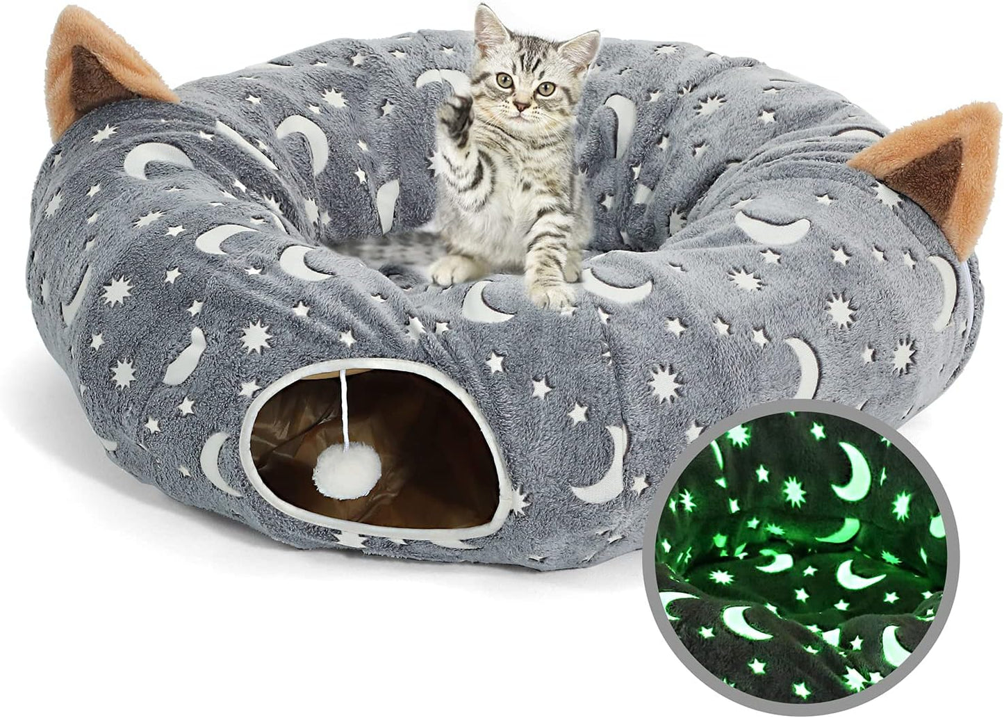Cat Tunnel Tube with Plush Ball Toys Collapsible Self-Luminous Photoluminescence, for Small Animals Pets Bunny Rabbits, Kittens, Ferrets,Puppy and Dogs Grey Moon Star - Image 9