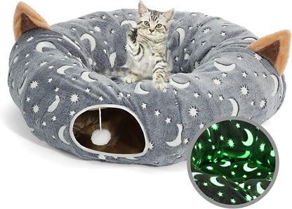 Cat Tunnel Tube with Plush Ball Toys Collapsible Self-Luminous Photoluminescence, for Small Animals Pets Bunny Rabbits, Kittens, Ferrets,Puppy and Dogs Grey Moon Star - Image 9