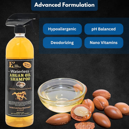 Using E3 waterless shampoo on a horse mane
