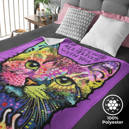Dawhud Direct colorful cat blanket laid flat showing full fifty by sixty inch size.