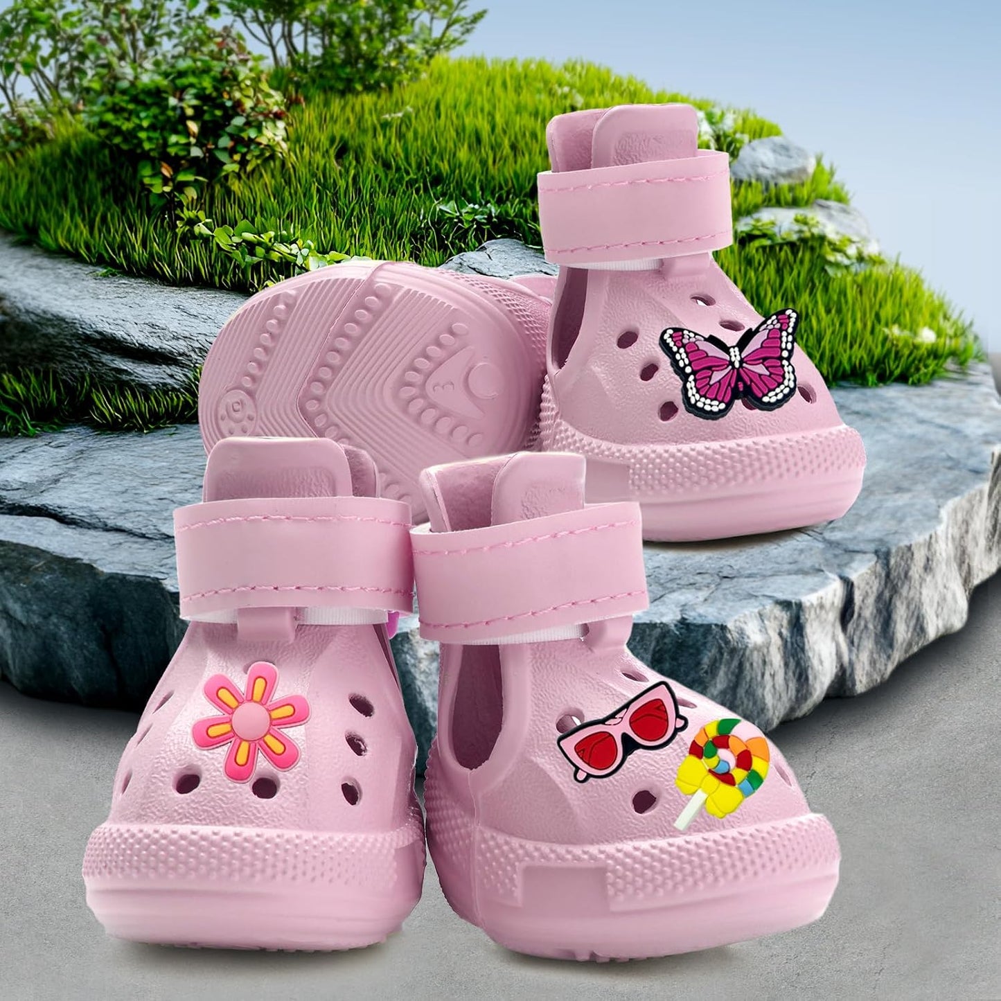 Ugrasea pink dog shoes with cartoon accessories for summer