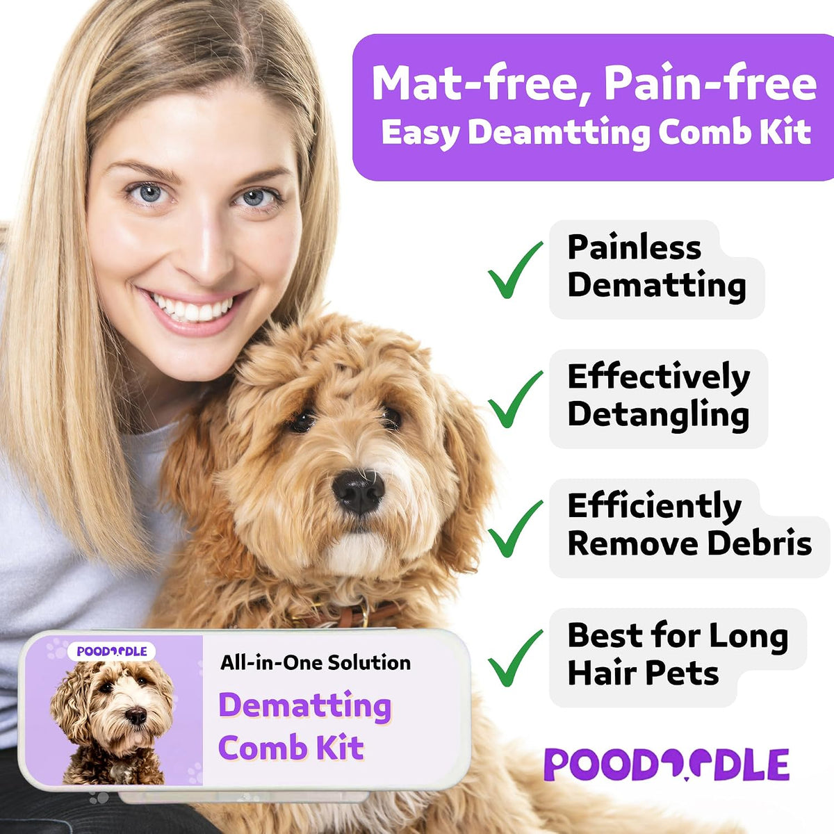 Poodoodle dematting rake with stainless steel blades for pets