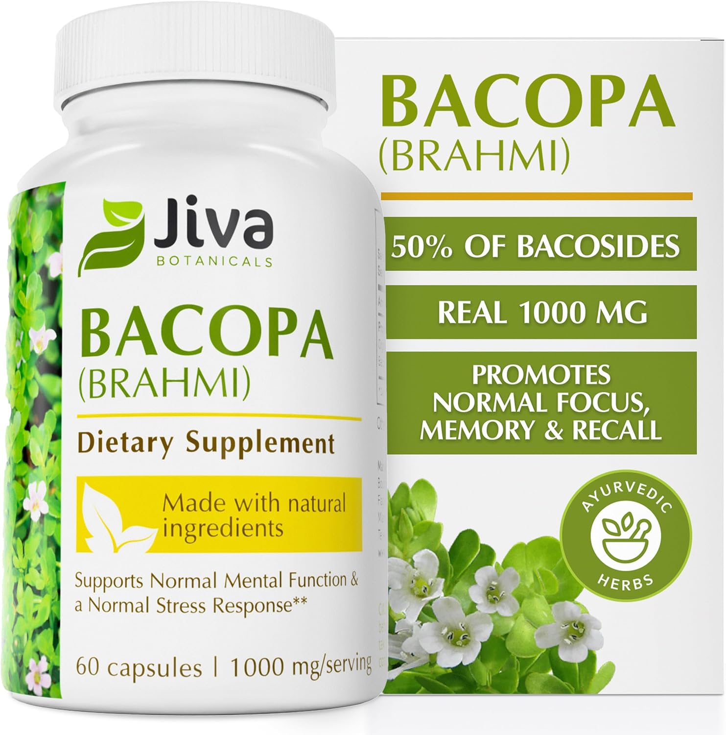 Jiva Botanicals Bacopa Monnieri supplement bottle front view for premium brain health.