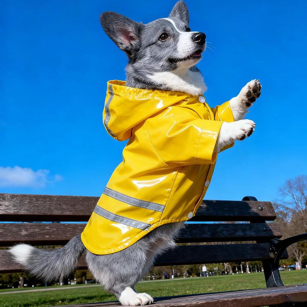 Yellow water resistant pet rain jacket with hood and secure snap button closures.