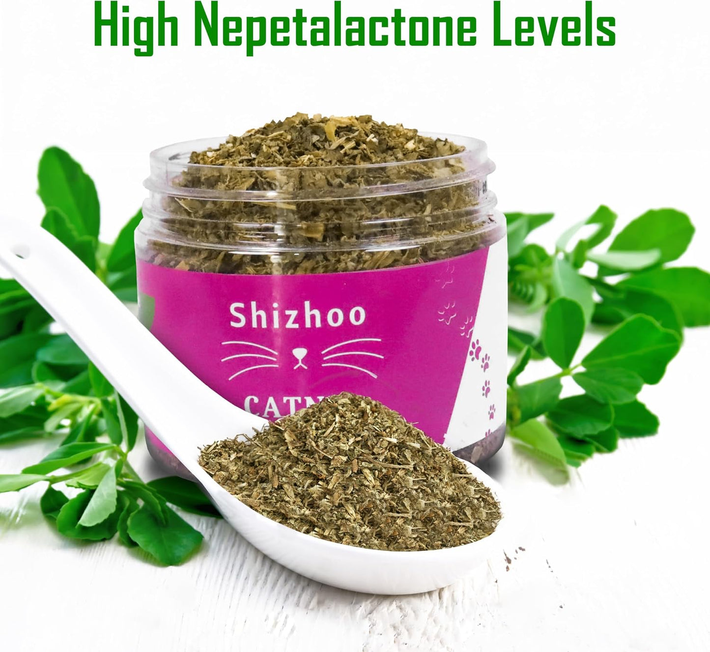 Natural dried catnip leaves and flower buds inside a clear packaging jar