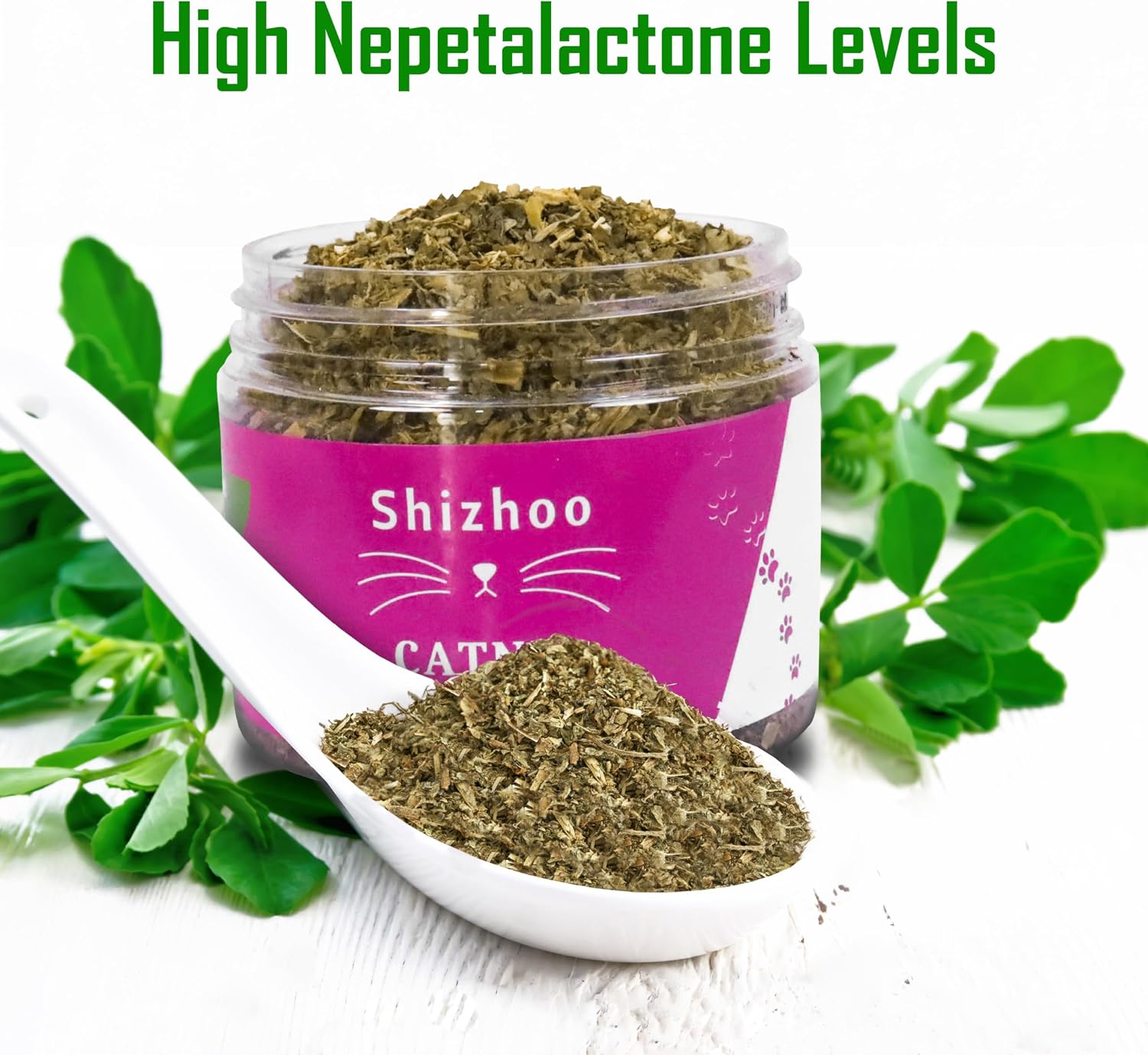 Natural dried catnip leaves and flower buds inside a clear packaging jar