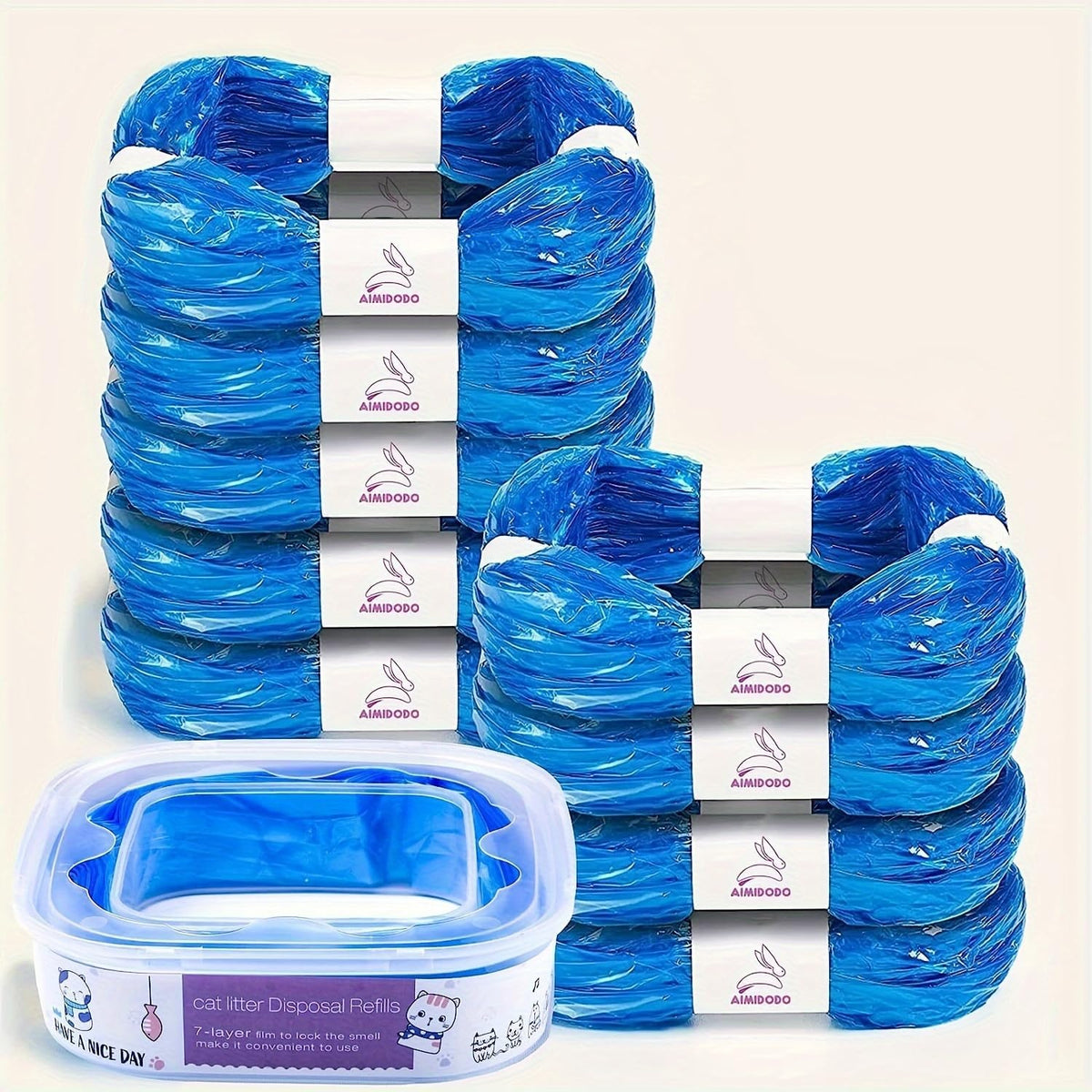 AIMIDODO cat litter refills pack front view showing nine blue replacement rolls and one reusable cartridge.