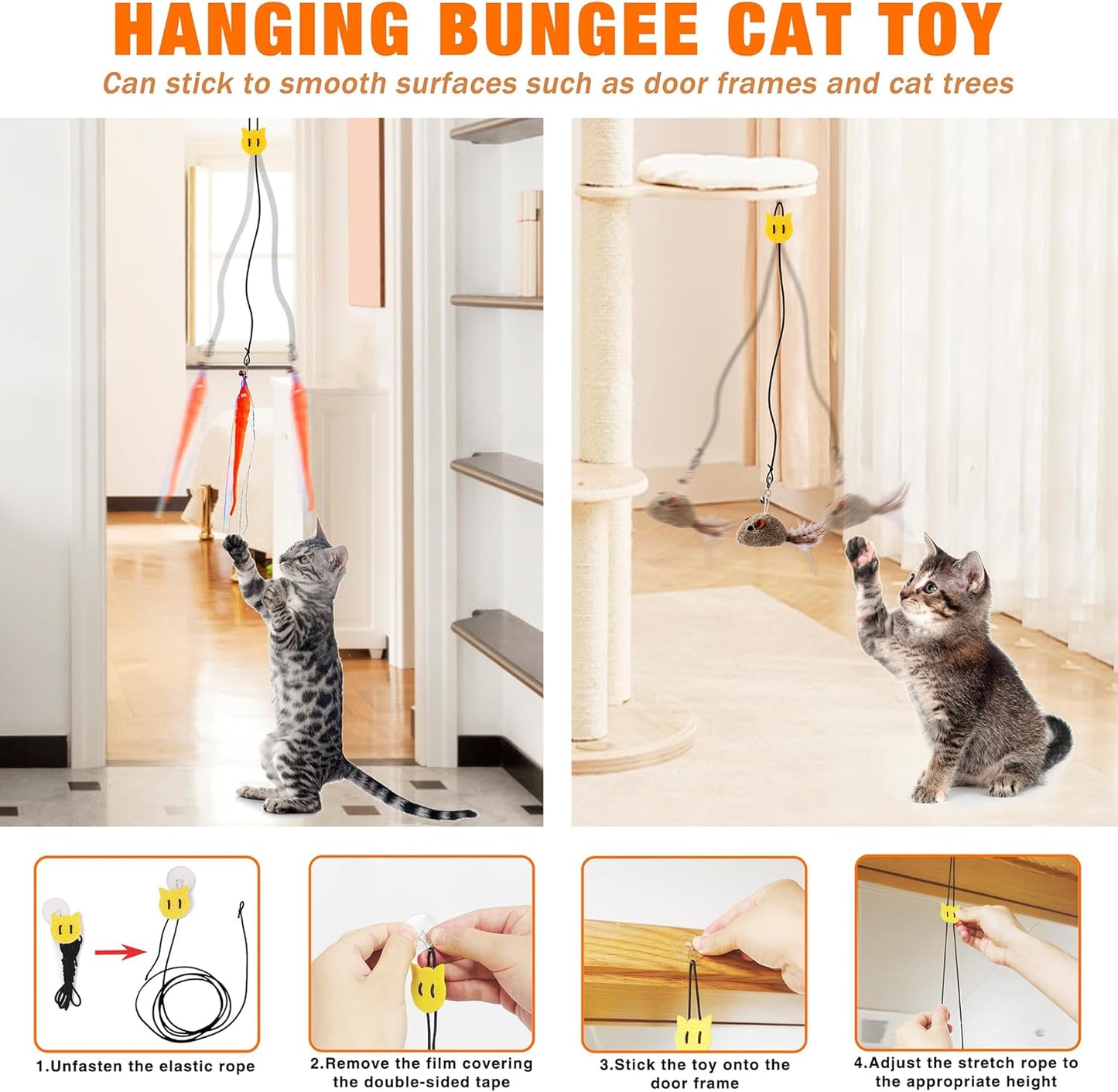 JXFUKAL hanging elastic string setup attached to a door frame for vertical feline play.