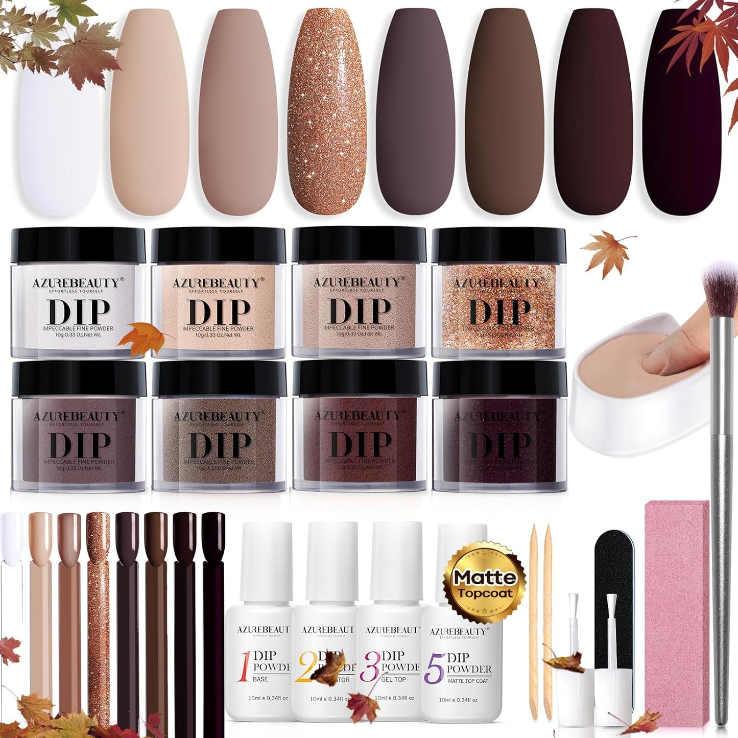 AZUREBEAUTY 30Pcs Dip Powder Nail Kit Starter, 8 Colors Fall Nude Brown Glitter Purple Nude with Nail Sticks, Nail Art Liquid Set with Matte/Base/Top Coat Activator for French Manicure Salon - Image 1