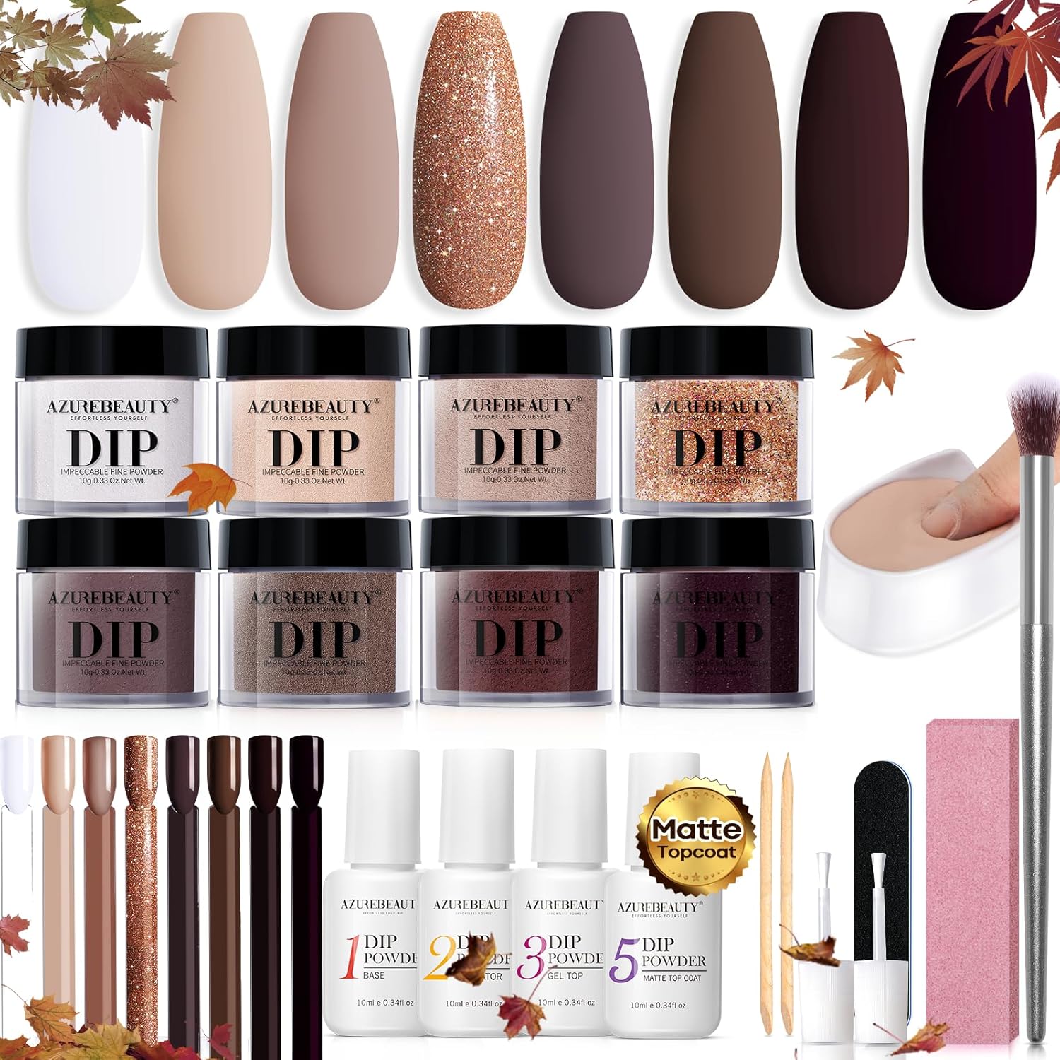 AZUREBEAUTY 30Pcs Dip Powder Nail Kit Starter, 8 Colors Fall Nude Brown Glitter Purple Nude with Nail Sticks, Nail Art Liquid Set with Matte/Base/Top Coat Activator for French Manicure Salon - Image 1