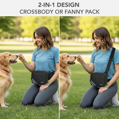Model wearing PetAmi dog fanny pack during a hike