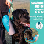 Blue silicone leaf-shaped bowl deployed on stainless steel pet travel flask.